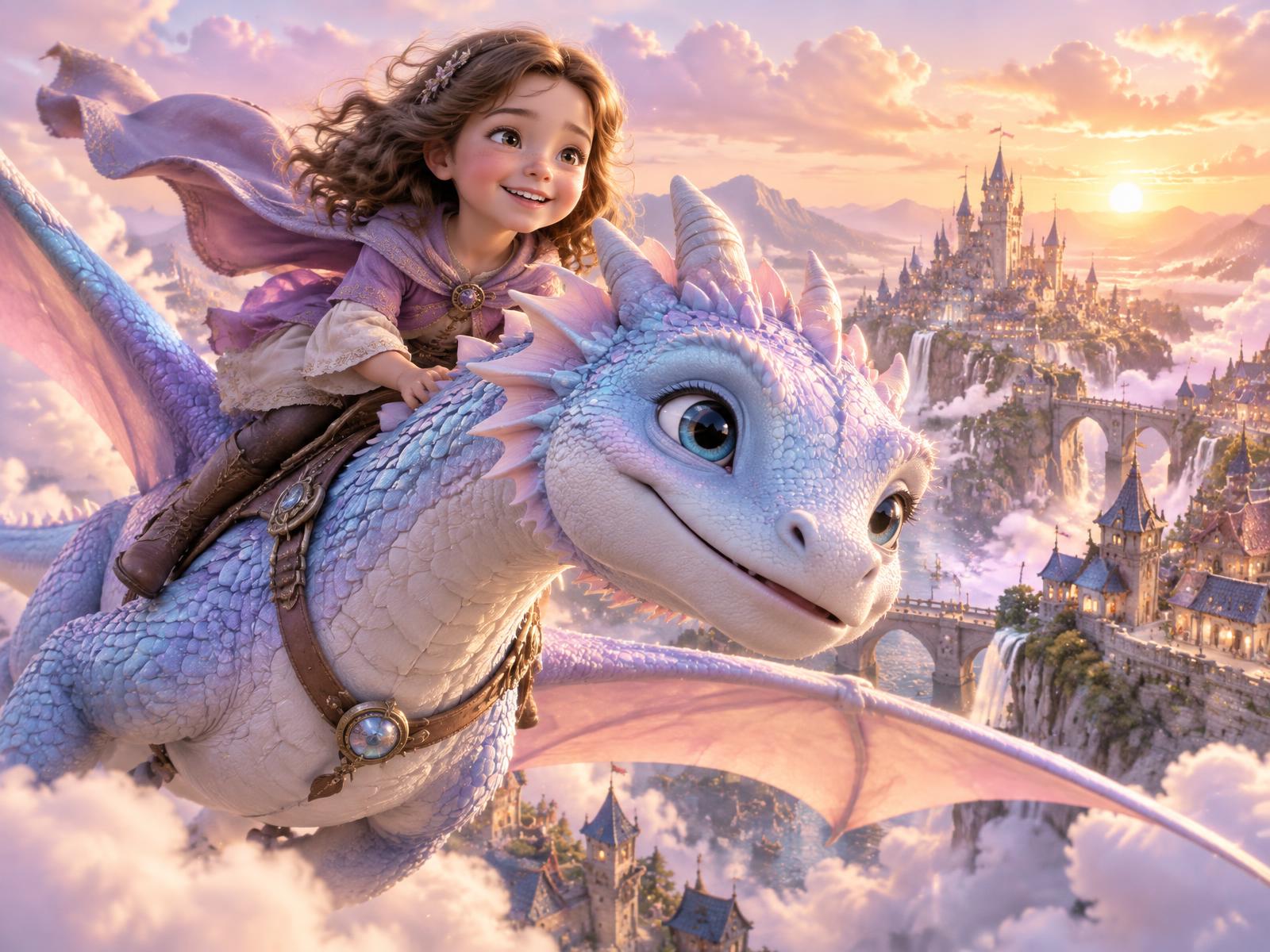 Fetiță zburând pe un dragon albastru deasupra unui sat de poveste